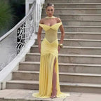 Off Shoulder Pleated Maxi Dress With Lace Patchwork