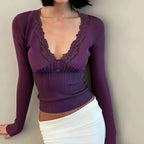 Romantic Purple Lace Patchwork Knit Top With Elegant V Neck