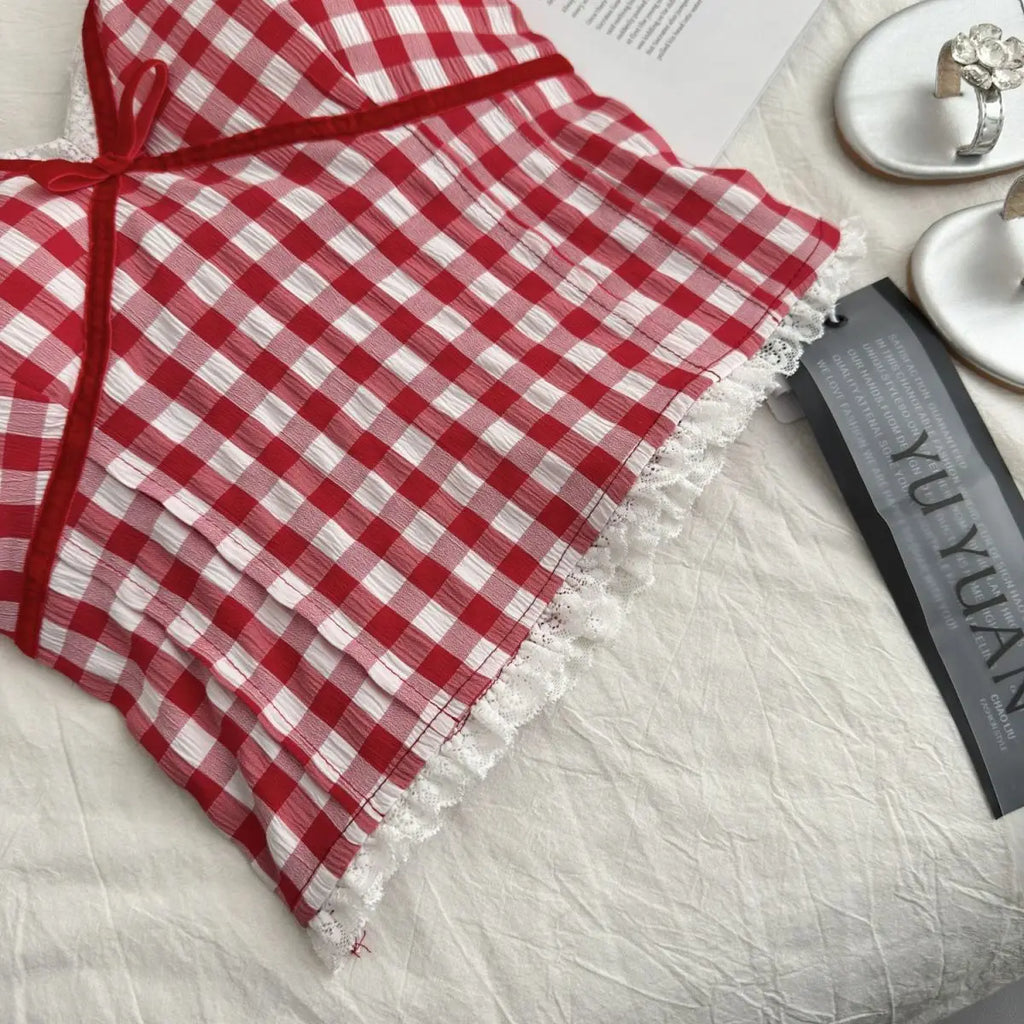 Halter Neck Bow Plaid Crop Top With Shirred Back For Women Cute Fashion Blouse