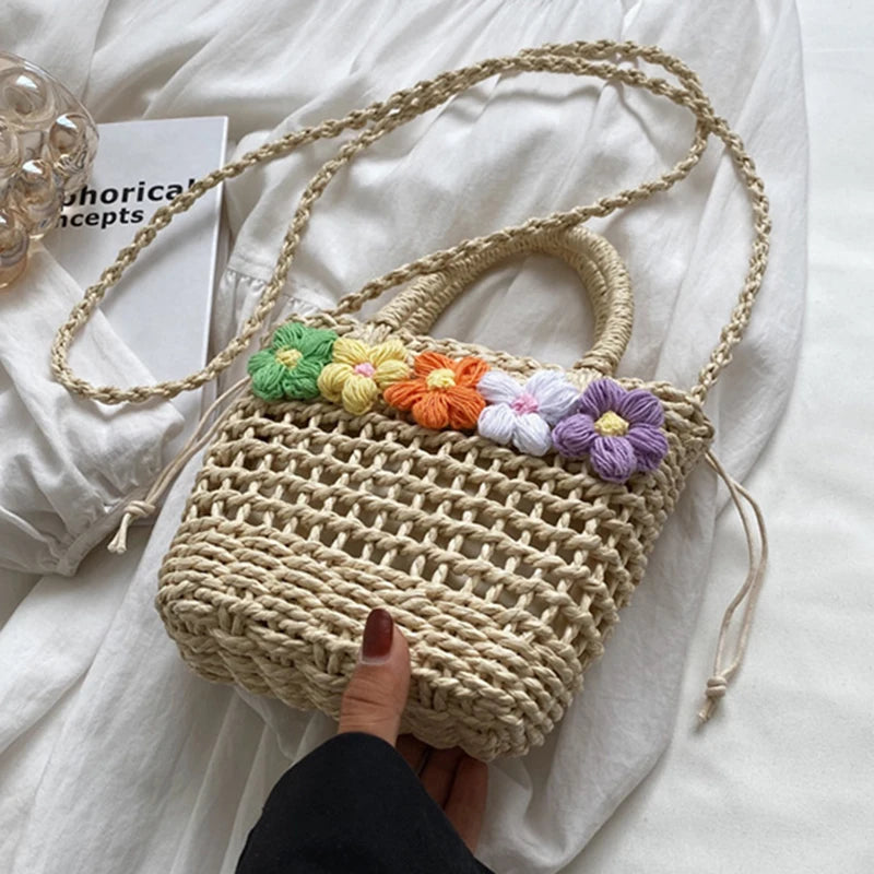 Straw Woven Shoulder Bag With Floral Details