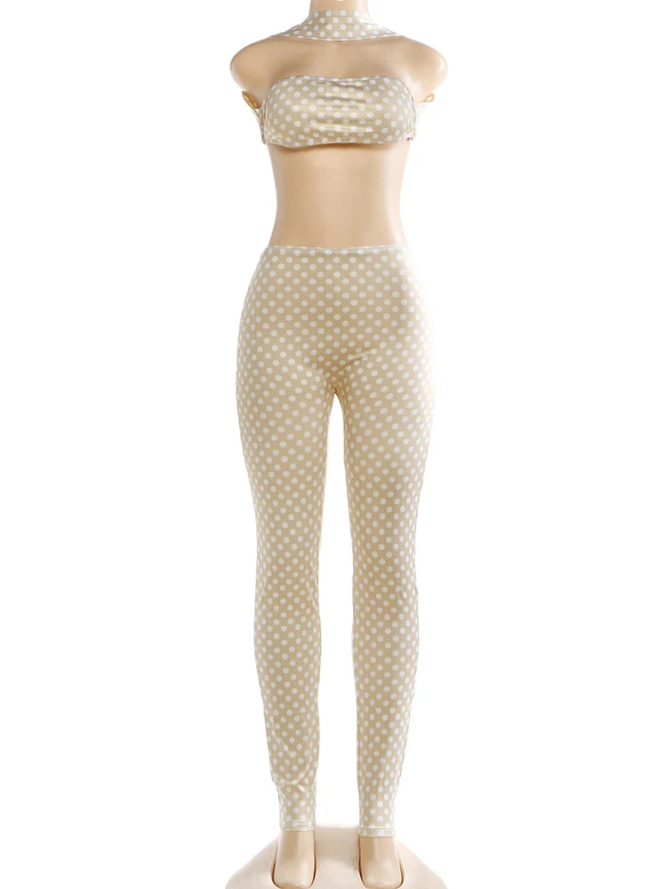 Dot Print Halter Top And Slim Leggings Set
