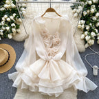 Boho 3D Floral Chiffon Sundress With Long Sleeves Lace Up Ruffle Detail