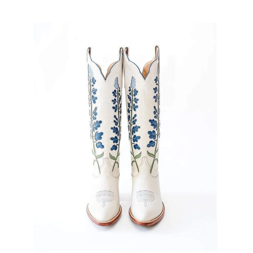Floral Embellished Knee High Boots With Zipper And Chunky Heel