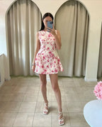 Sleeveless Pink Floral Mini Women High Neck A-line Dress