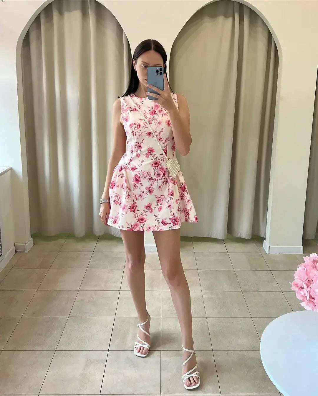 Sleeveless Pink Floral Mini Women High Neck A-line Dress