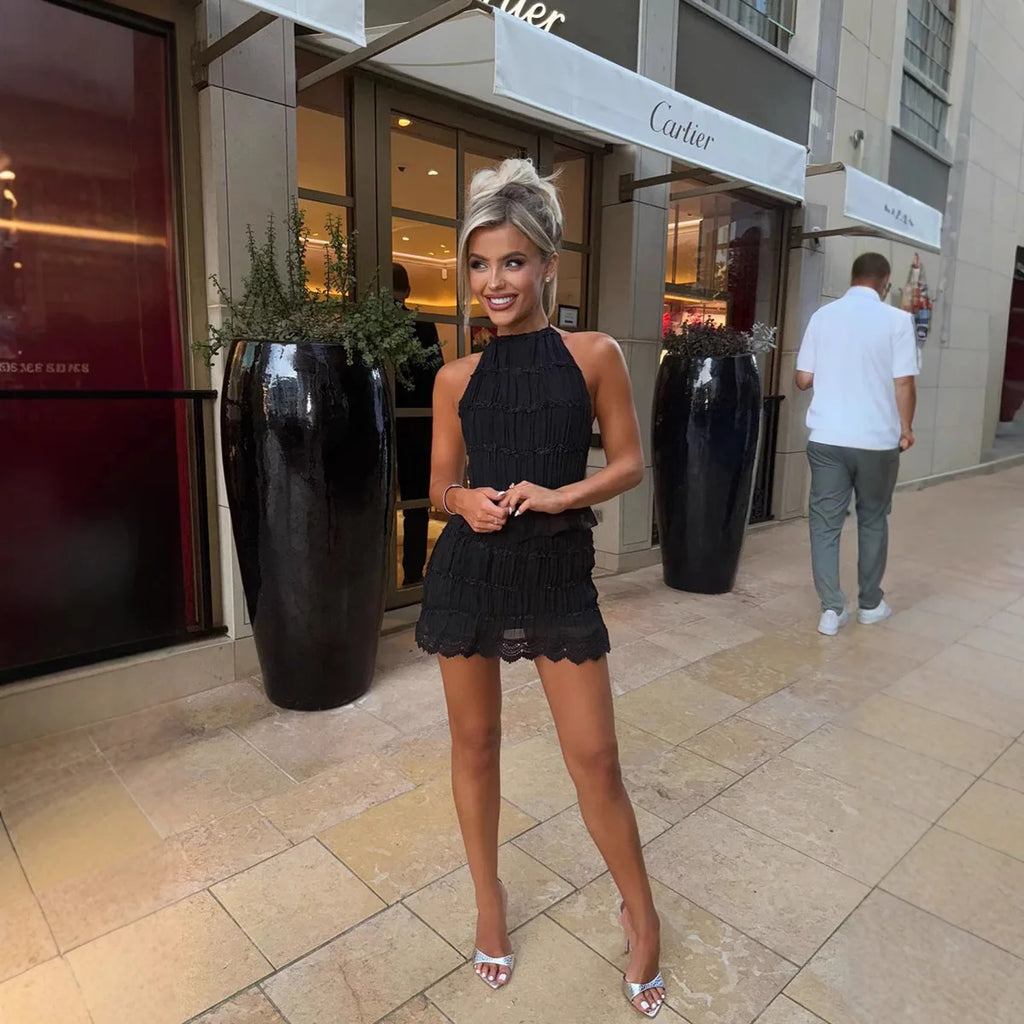 Halter Neck Backless two piece Pleated Skirt Set