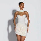 Sequin Patchwork Strapless Mini Dress Off Shoulder With Scarf Collar And Pleated Waist Cinch