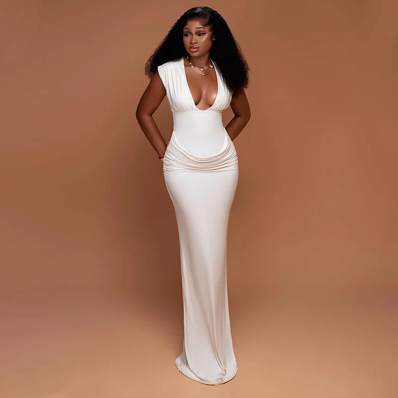 Sleeveless Ruched V Neck Bodycon Maxi Dress