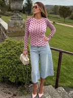Blush Pink Polka Dot Lightweight Long Sleeve Tee O Neck Top