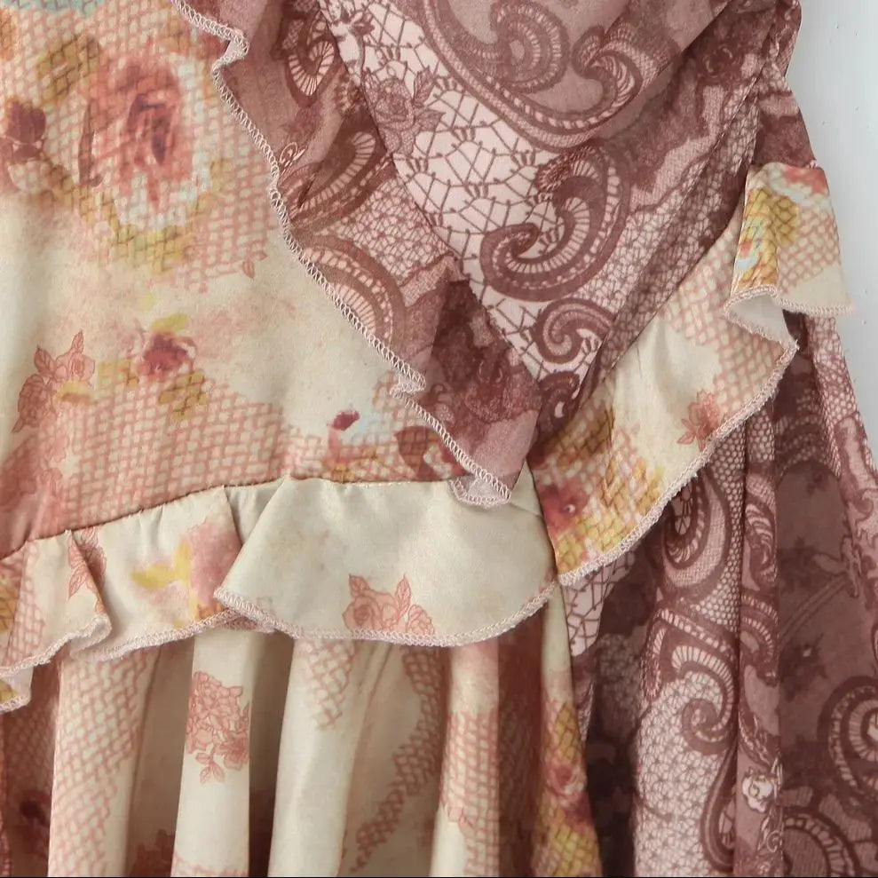 V Neck Paisley Totem Print Mini Dress With Ruffles Pleats And Irregular Hem