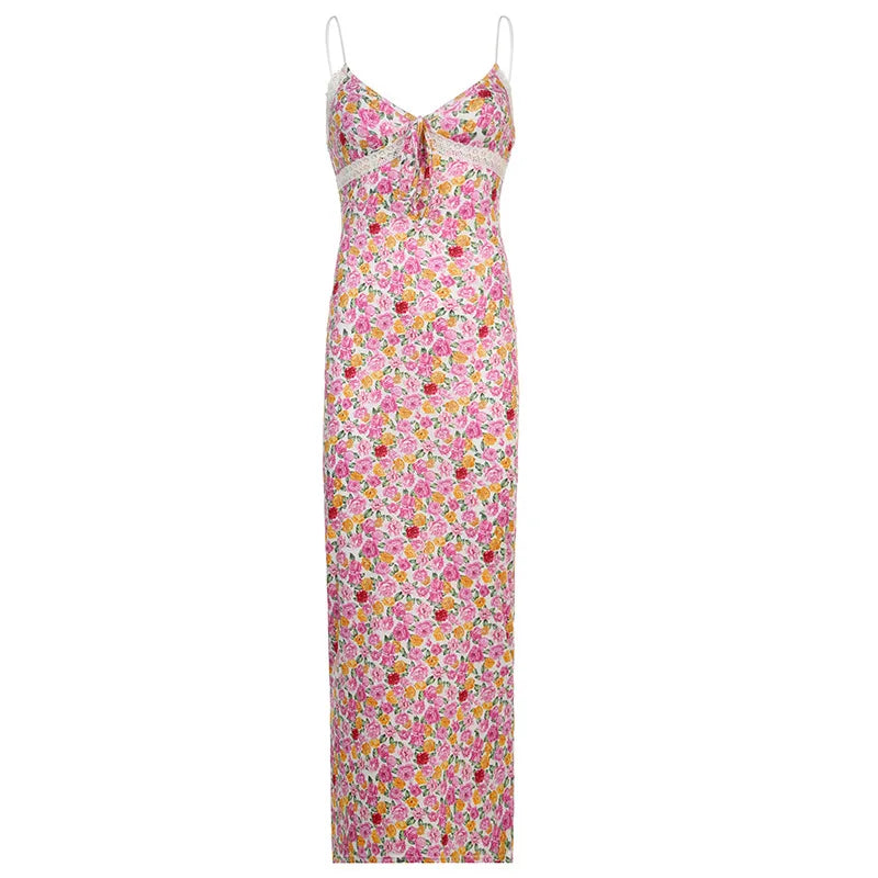Floral Lace Trim Spaghetti Strap Maxi Dress
