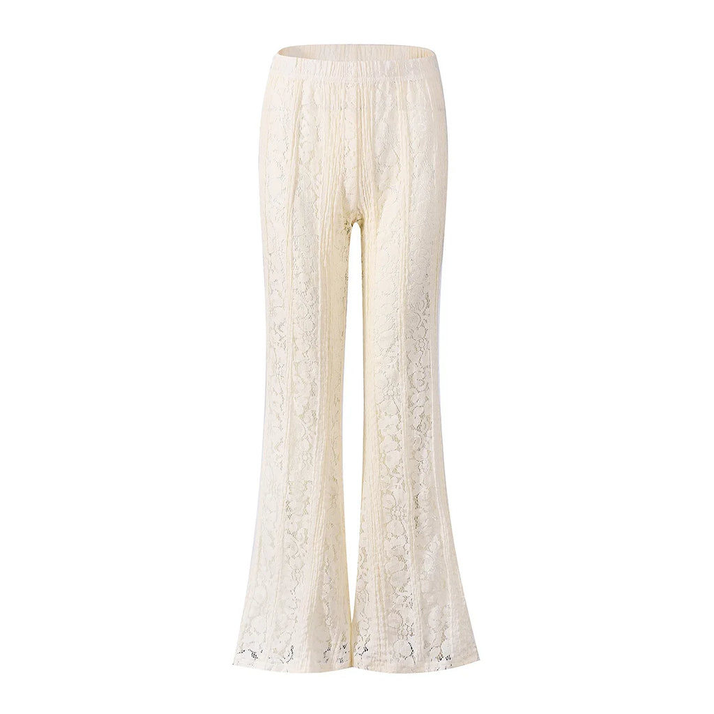 White Lace Sheer Flare Pants For Women Boho Style Elegant Casual Wide Leg Trousers