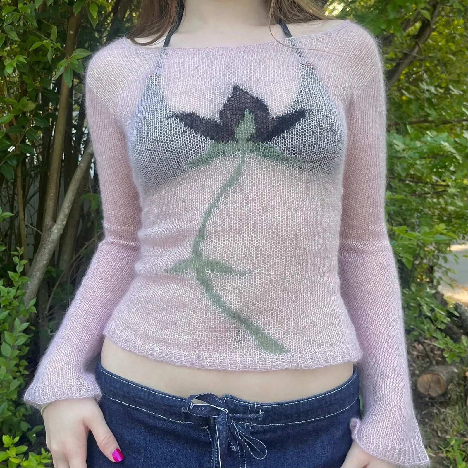 Vintage Floral Cottage Knit Crop Top With Sheer Mesh Detail