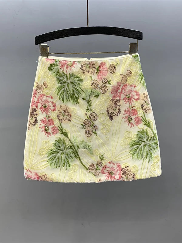 Floral Sequined Mini Skirt With High Waist Glam Inspired Retro Vibe