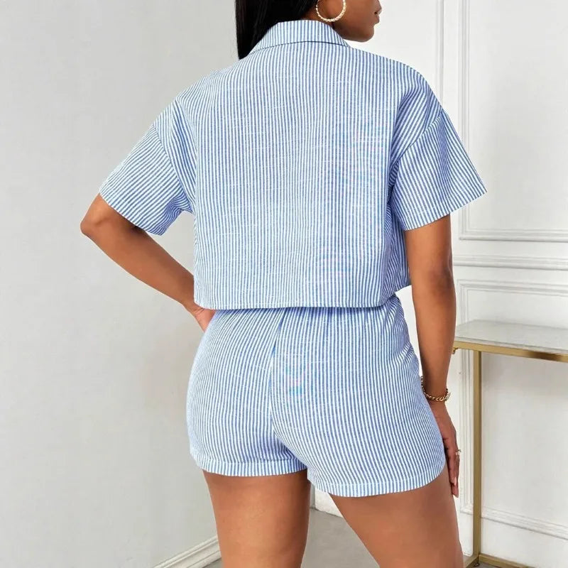 Striped Lapel Shirt And Shorts Two Piece Set