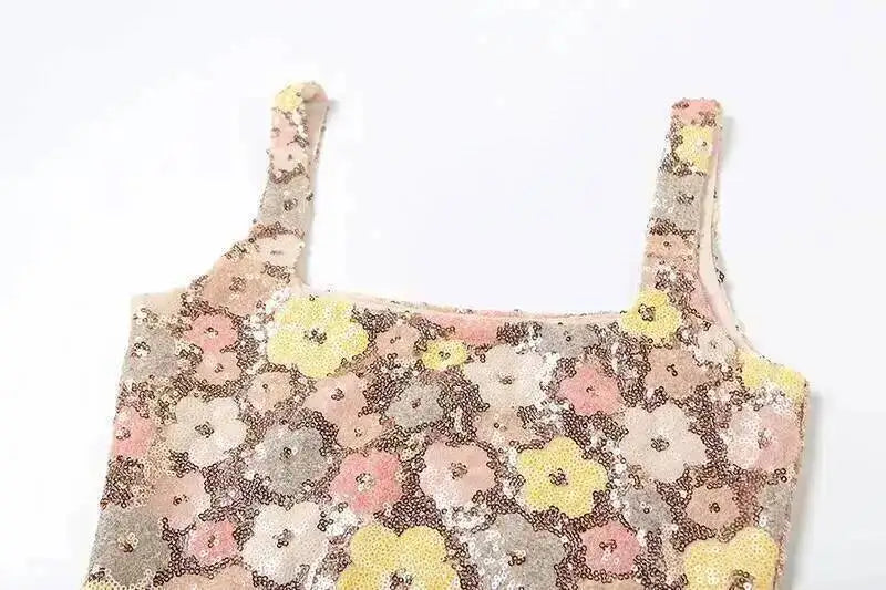 Floral Sequin Mini Dress With Spaghetti Straps