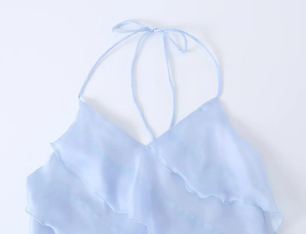 Dreamy Light Blue Halter Backless Mini Dress With Tiered Ruffle Accents
