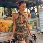 Leopard Print Halter Neck Crop Top With Lace Up Details And Backless Design