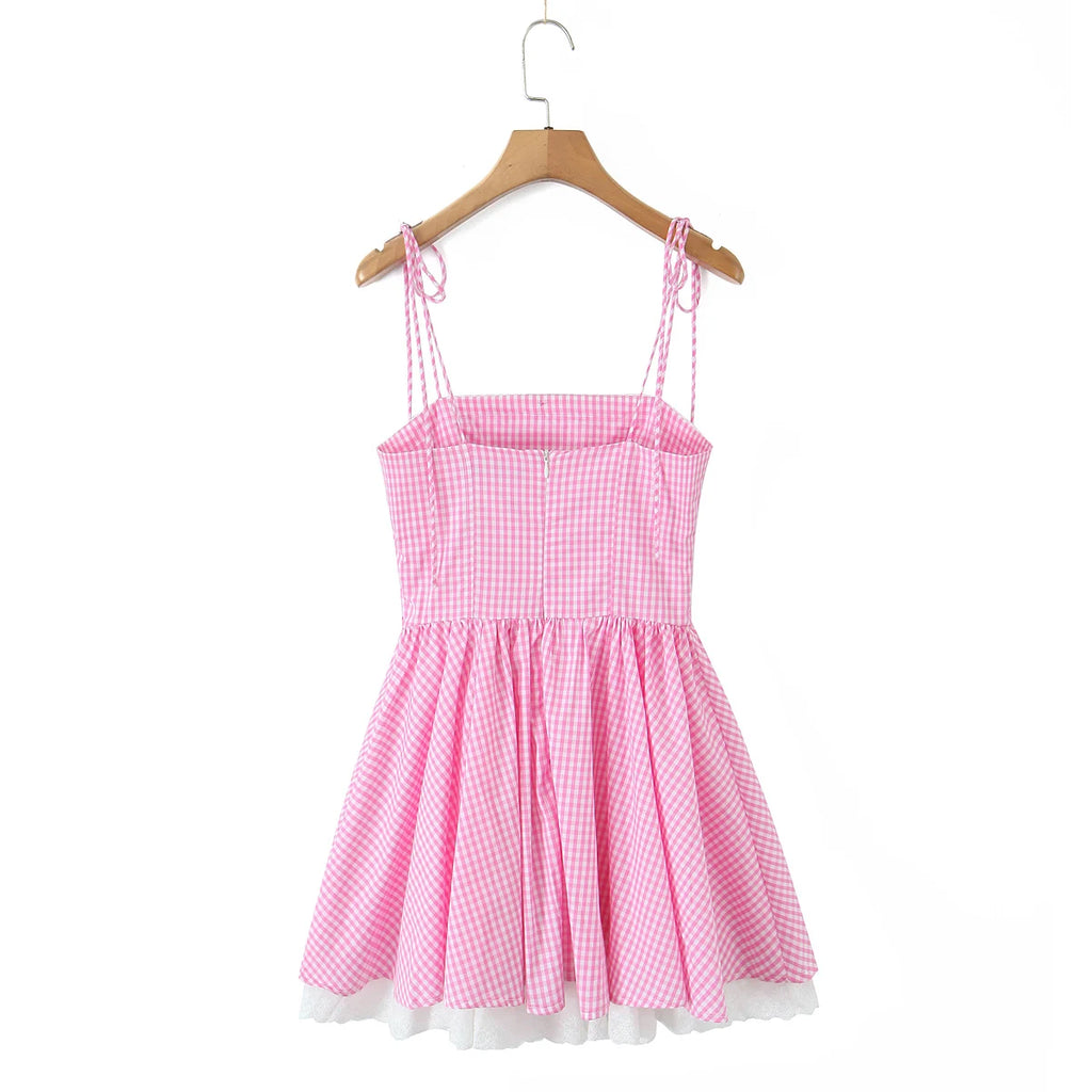Pink Plaid Bow Sling With Lacing Up Detail For Women Slim Waist Ruched Skater Mini Dress