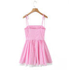 Pink Plaid Bow Sling With Lacing Up Detail For Women Slim Waist Ruched Skater Mini Dress