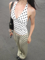 Polka Dot Halter Tank Top With Backless Lace Up Detail Chic Summer