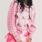 Front Wood Ears Ruffles Jacquard Cropped Sweater Vintage O neck Puff Sleeve Pullovers Short Jumper Knitwear