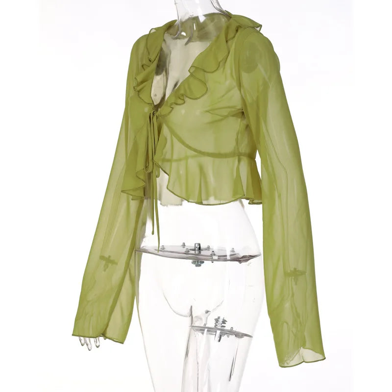 Chiffon Sheer Crop Tank Top With V Neck And Flare Sleeves