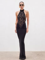 Elegant Lace Patchwork Sleeveless Dress For Women Chic Sheath Style With Hip Wrap