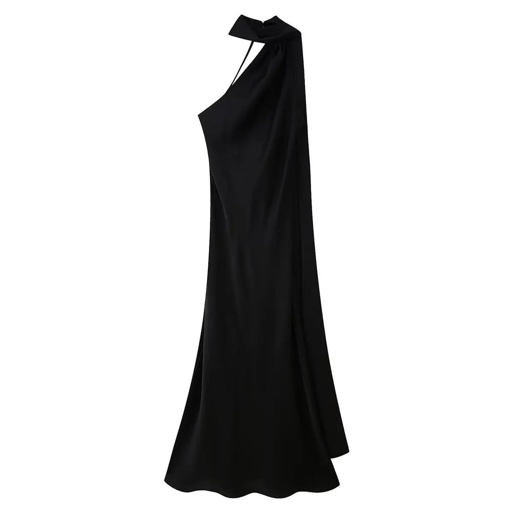 Elegant Silk Satin Halter Maxi Dress Backless Ribbon Tie Evening Gown