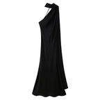Elegant Silk Satin Halter Maxi Dress Backless Ribbon Tie Evening Gown