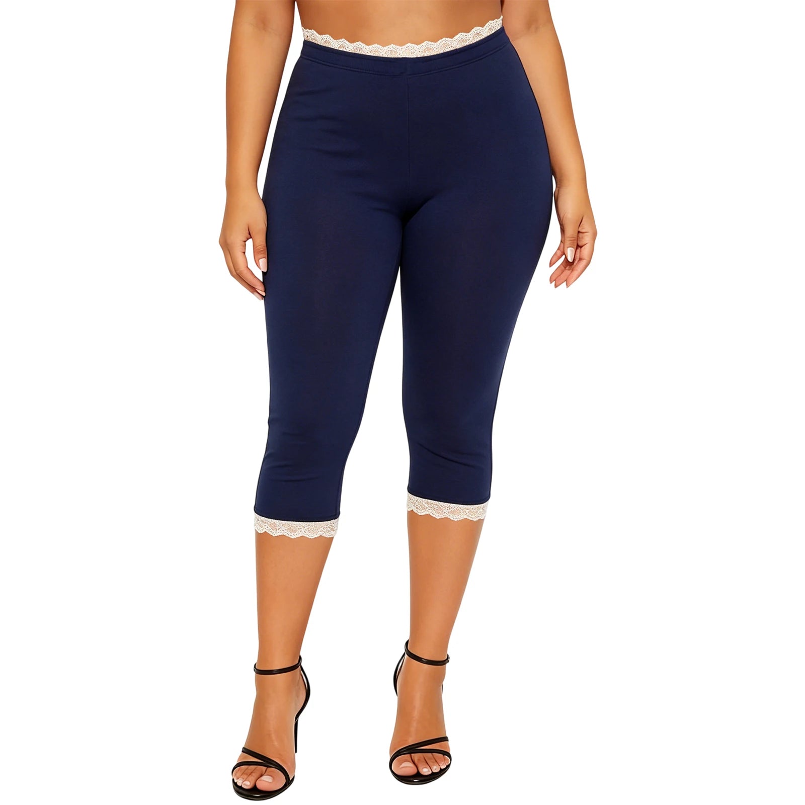 Lace Trim Capri Leggings With Elastic Waist Women Three Quarter Length