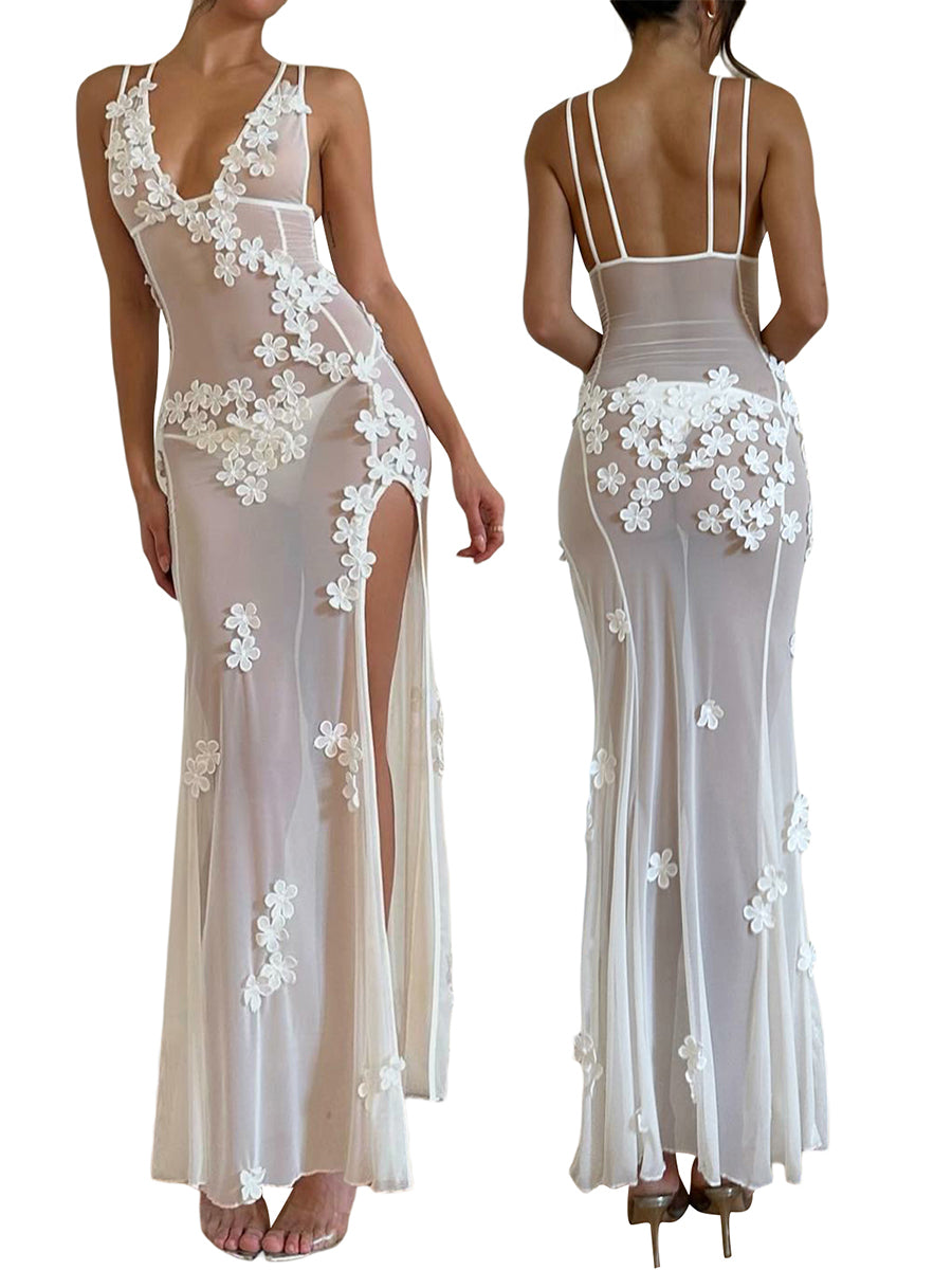 Sexy Sheer Mesh Sleeveless Dress With V Neck Floral Slit