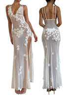 Sexy Sheer Mesh Sleeveless Dress With V Neck Floral Slit