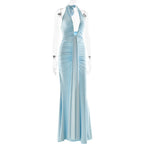 Deep V-Neck Backless Ruched Maxi Dress Halter Gown