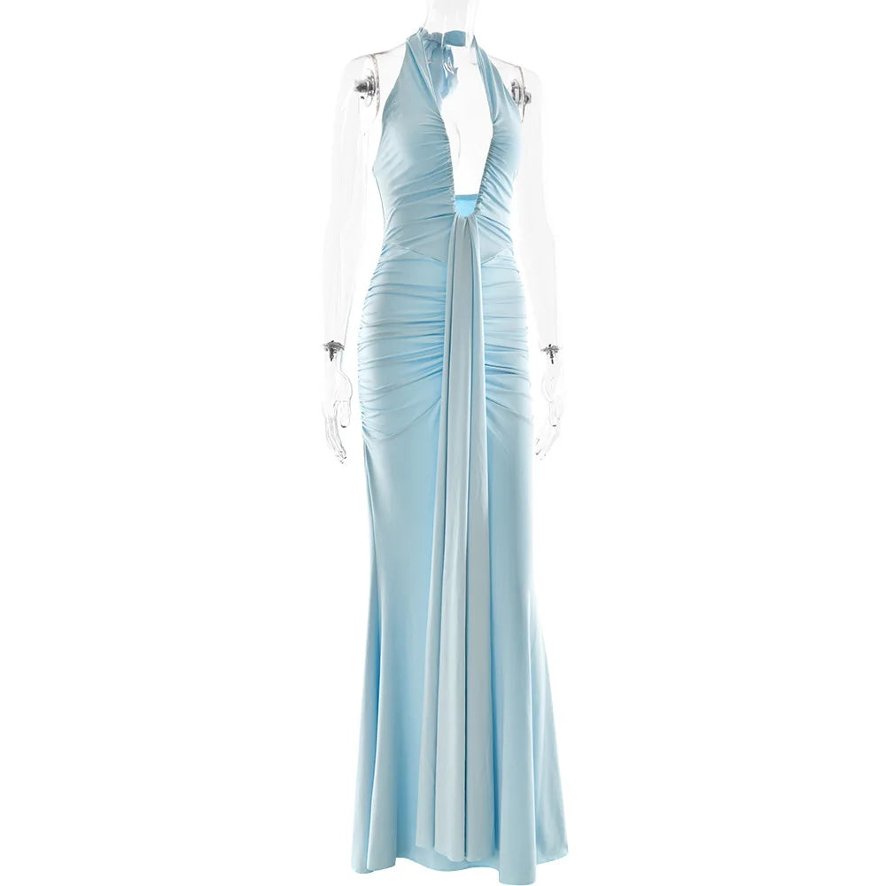 Deep V-Neck Backless Ruched Maxi Dress Halter Gown