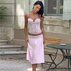 Delicate Lace Corset Cami And Midi Skirt Set Slim Fit Sleeveless Romantic Outfit