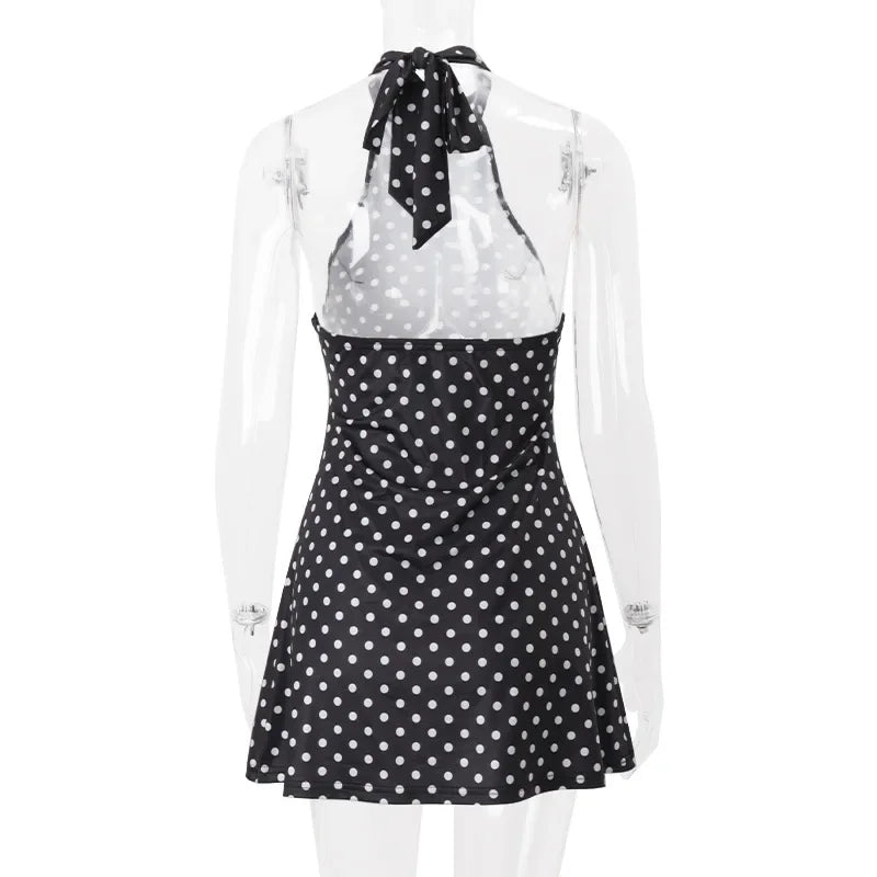 Elegant Off Shoulder Polka Dot Mini Dress Sleeveless Backless High Waist
