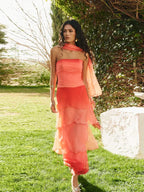 Gradient Flowy Chiffon Three Piece Set With Tube Top Tiered Skirt And Sheer Scarf