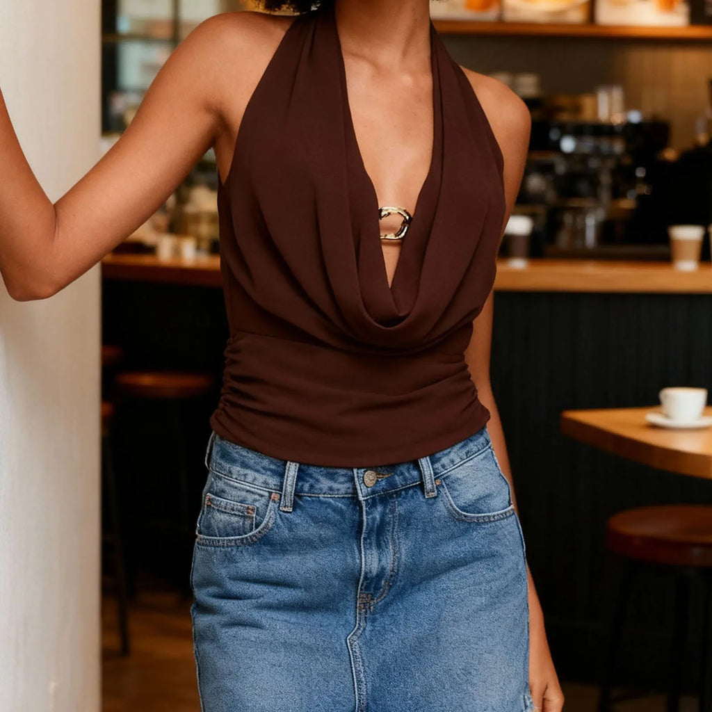 Hollow Out Cowl Neck Tank Top Backless Halter