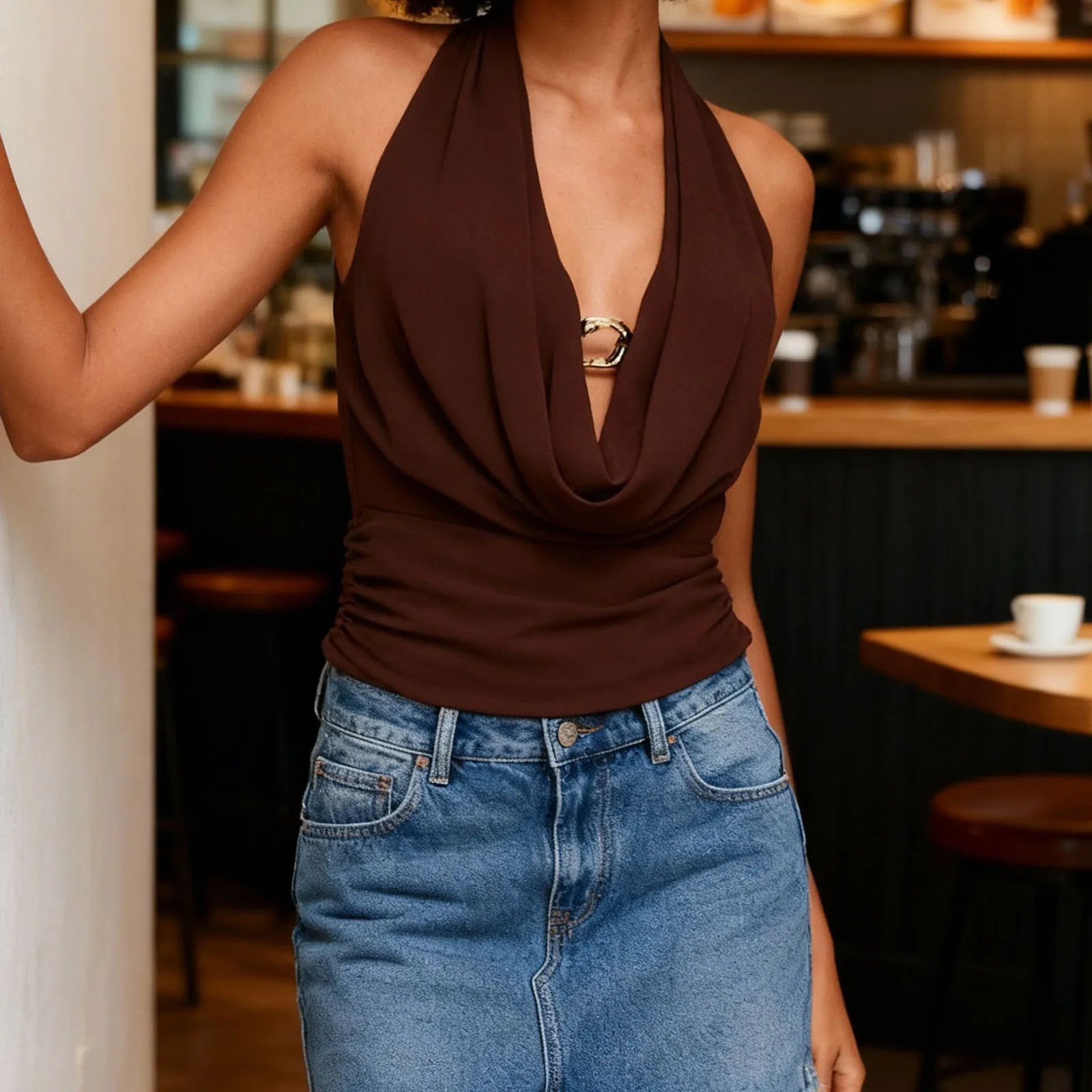 Hollow Out Cowl Neck Tank Top Backless Halter