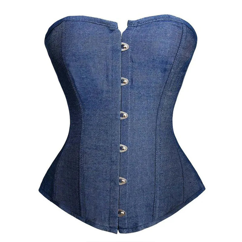 Denim Victorian Corset Top Strapless Overbust Bustier Vintage Style