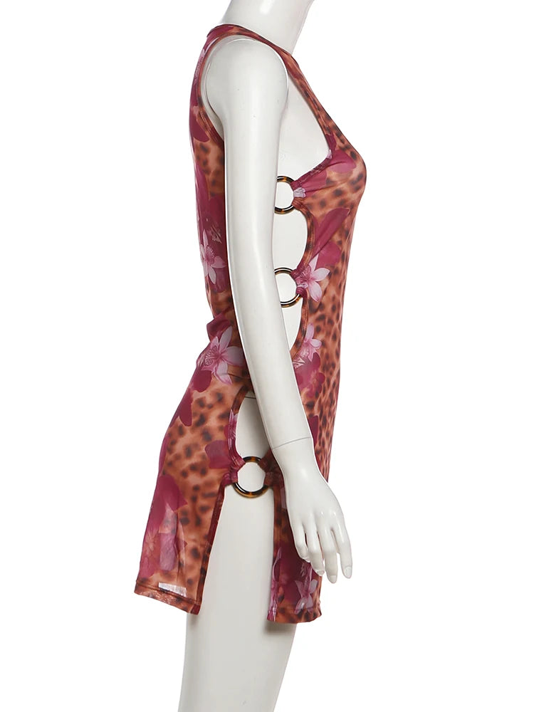 Leopard Print Mesh Patchwork Dress With Ring Details