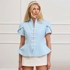 Blue Stand Collar Puff Sleeve Blazer Single Breasted