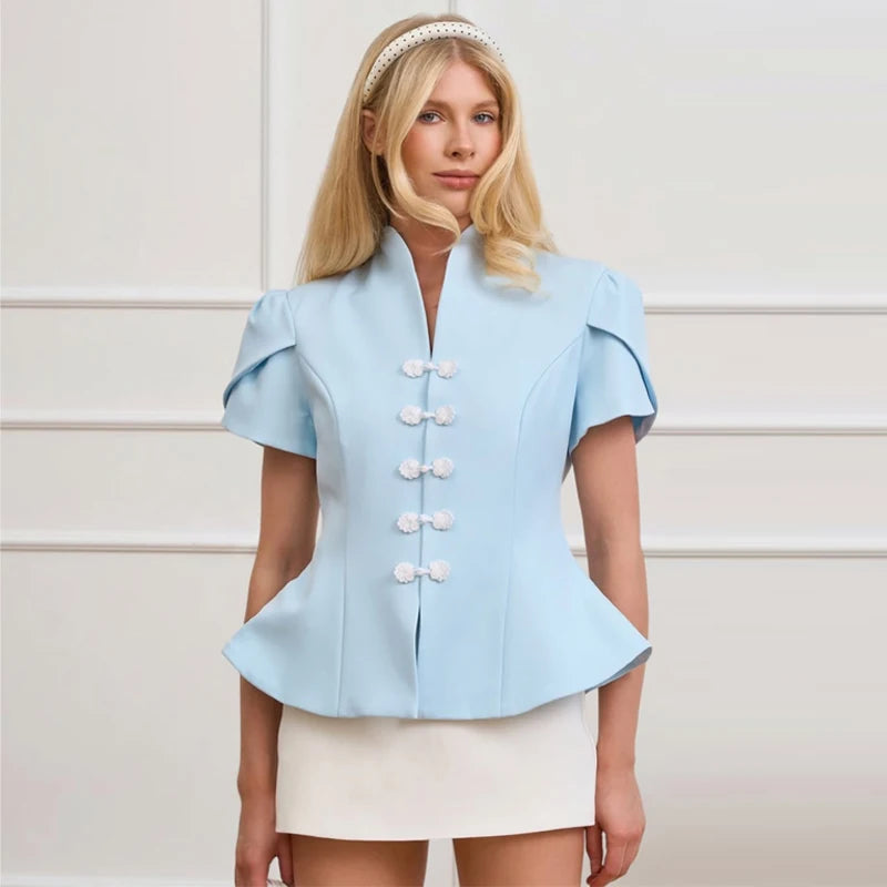 Blue Stand Collar Puff Sleeve Blazer Single Breasted