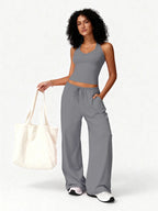 Two Piece Set With Sleek V Neck Tank Backless Detail And Wide Leg Pants