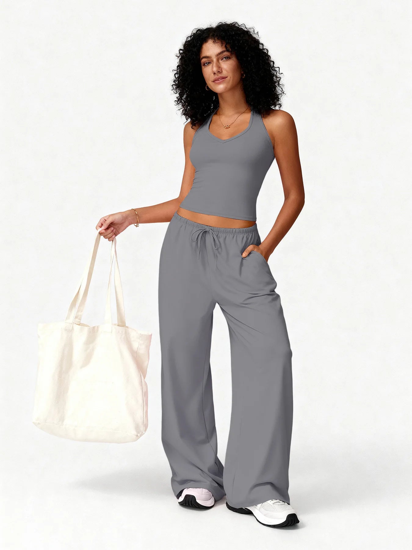 Two Piece Set With Sleek V Neck Tank Backless Detail And Wide Leg Pants