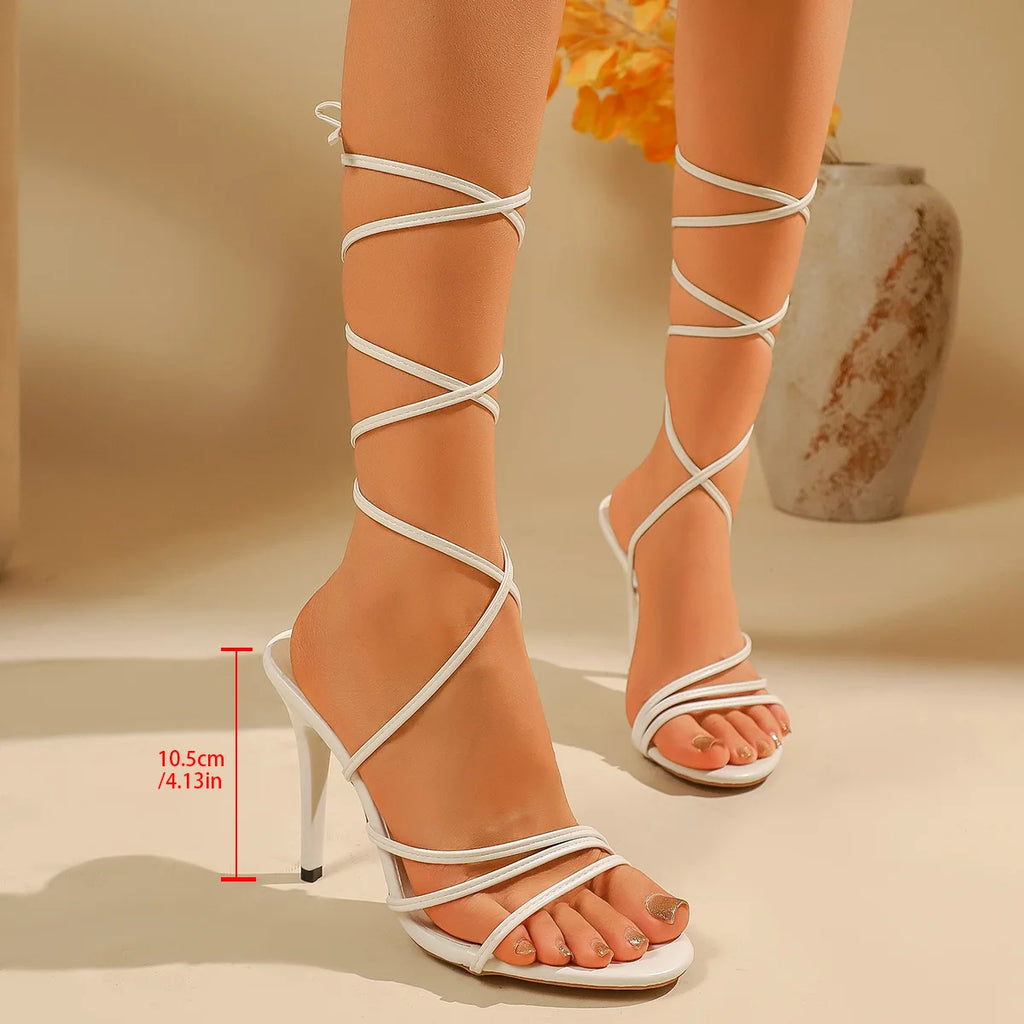 Crisscross Strap Stiletto Sandals With Lace Up Ankle Strap Round Toe High Heels