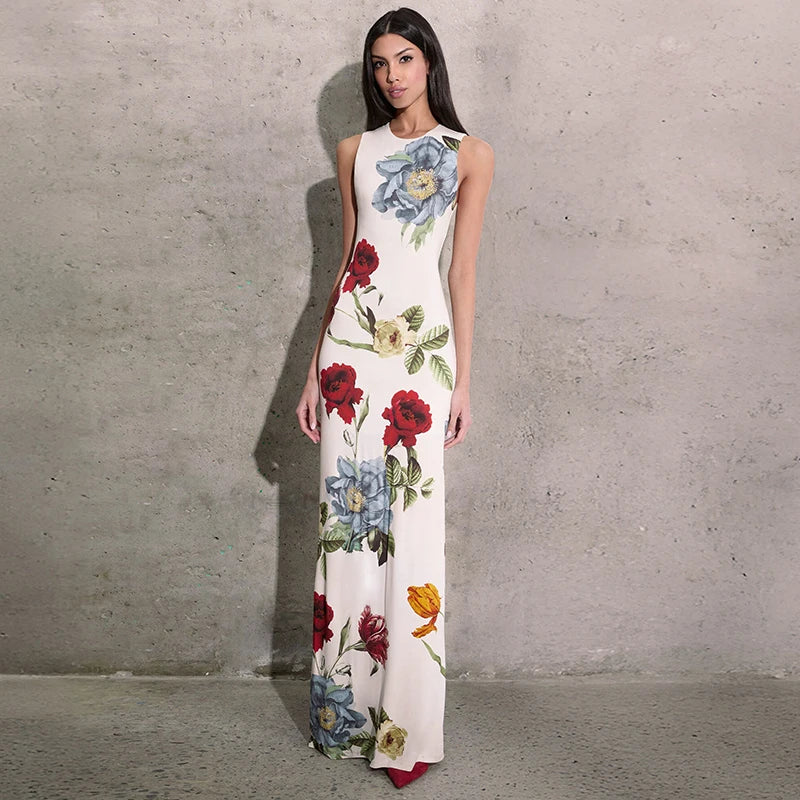 Floral Garden Maxi Dress With Round Neck Sleeveless Slim Fit Elegant Style