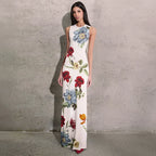 Floral Garden Maxi Dress With Round Neck Sleeveless Slim Fit Elegant Style