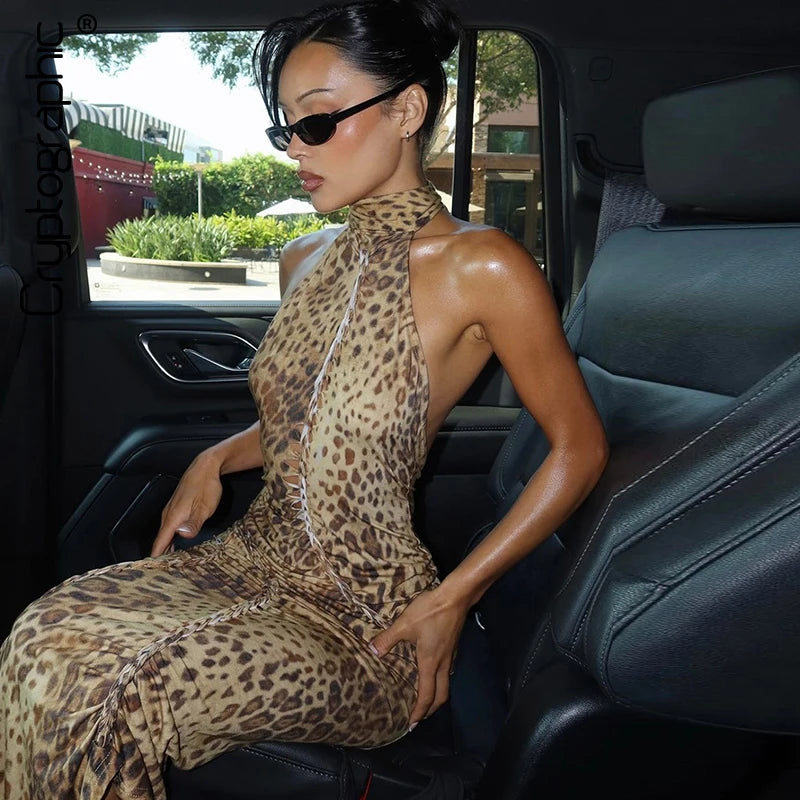 Leopard Print Halter Maxi Dress With Backless Silhouette Embellished Bandage Style